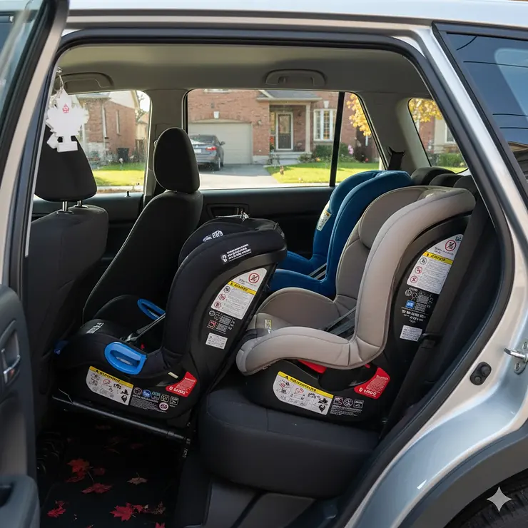Three narrow car seats installed 3-across in a mid-size SUV parked in a Canadian driveway, demonstrating a space-saving fit for growing families. narrow car seats for 3 across