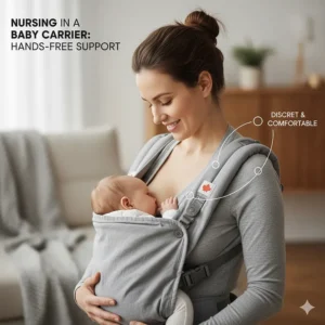 Illustration of a mother breastfeeding discreetly while using an ergonomic baby carrier for hands-free support.
