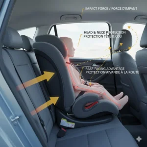 Diagram showing how extended rear-facing car seats protect a child's head and neck during a collision.