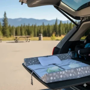 A compact, foldable travel changing pad accessory for convenient pit stops across Canada.