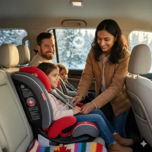 Illustration showing correct seat belt pathing across the shoulder and hips when using a booster seat.