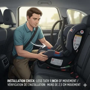 Illustration of a parent checking for less than one inch of movement at the belt path of a rear-facing seat.