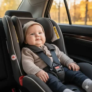 A Canadian infant wearing a light knit hat and sweater securely buckled into a rear-facing car seat with properly positioned harness straps.