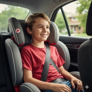 Illustration of a high-back booster seat showing the correct lap and shoulder belt alignment for a child's safety in a car.