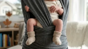 Close-up of the "M-shape" leg position in a baby wrap for newborns, ensuring hip-healthy development.