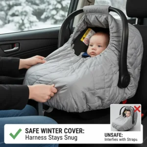 Illustration of a "shower-cap" style car seat cover that does not interfere with the harness, ideal for Canadian winters.