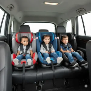 Graphic showing three affordable slim car seats installed across a standard Canadian vehicle back seat to save space.
