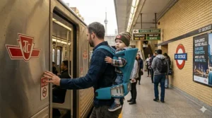 Illustration of a parent easily navigating public transit in a Canadian city using a compact toddler carrier.