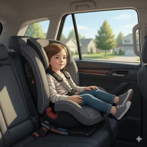 Illustration of a preschooler sitting comfortably with crossed legs in an extended rear-facing seat.