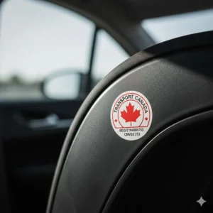A high-detail close-up of the circular Transport Canada National Safety Mark sticker on a car seat, indicating compliance with CMVSS 213 standards.