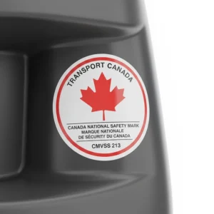 Close-up illustration of the Canadian National Safety Mark (the "maple leaf" label) required for all car seats used legally on Canadian roads.