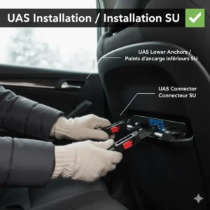 Simplified diagram showing how to connect a car seat to a vehicle’s Universal Anchorage System (UAS) in cold weather.