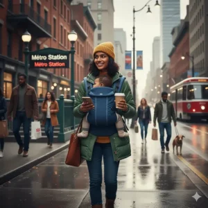 Illustration of a parent using a baby carrier for hands-free travel on public transit in a Canadian city like Toronto or Montreal.