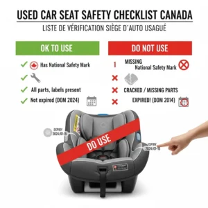 A checklist illustration for used car seats in Canada, highlighting that seats past their expiration date or missing the National Safety Mark are illegal to resell or use.