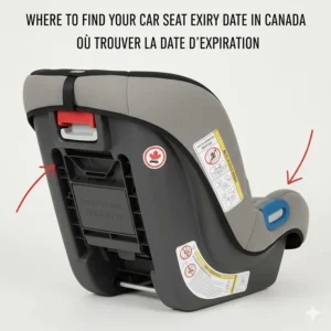 Illustration showing common locations for expiration dates on Canadian car seats, such as the underside of the base or molded into the plastic shell.