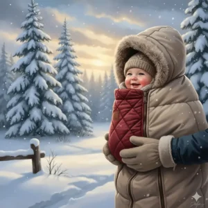 Illustration of a baby carrier with a winter cover for cold Canadian climates, keeping infants warm in snow. | Portage-bébé pour l'hiver canadien.