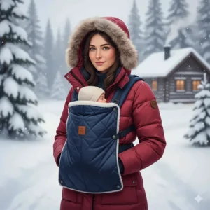 A parent in a winter parka wearing a baby carrier for a newborn with a protective thermal cover for Canadian winters.