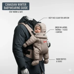 Diagram of how to safely use an ergonomic baby carrier with a Canadian winter bunting suit and thermal layers.