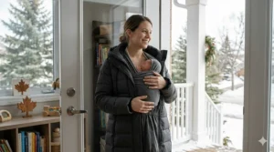 A parent using a breathable baby wrap for newborns underneath a large winter parka during a snowy day in Toronto.