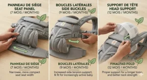 Illustration showing how to adjust shoulder and waist straps as a baby grows from 6 months toward 12 months.