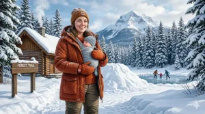 Illustration of a parent using an affordable infant wrap carrier under a winter coat during a snowy Canadian day.
