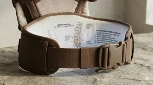 A mother shopping at a Canadian market with a sign in English and French, wearing a comfortable baby carrier for back pain.