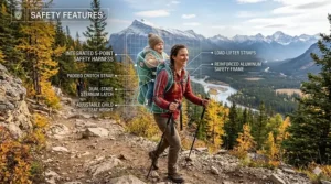 Detailed view of a five-point safety harness on a baby carrier for hiking safely on steep terrain.
