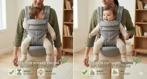 Graphic illustration of baby carrier safety checks with bilingual English and French text labels.