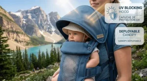 Illustration of a summer baby carrier with an integrated UPF sun hood for Canadian outdoor safety.