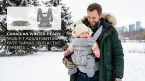 Illustration of a hip seat baby carrier adjusted to fit comfortably over a Canadian winter parka for cold-weather outings.