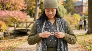 Positioning the center marker of the wrap on the chest, the first step in how to tie a baby wrap safely.