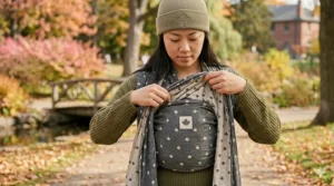 Feeding the wrap ends through the front horizontal band to create a secure pocket for the infant.