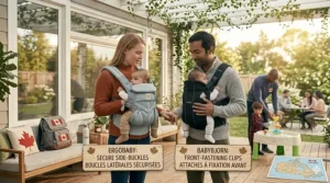 Close-up illustration of the different buckle and fastening systems for Ergobaby and BabyBjorn carriers with bilingual descriptions.