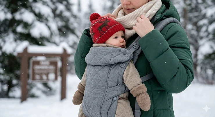 A Canadian mother using a breathable ergonomic baby carrier for 6-12 months while hiking in a vibrant maple forest during autumn. baby carrier 6-12 months