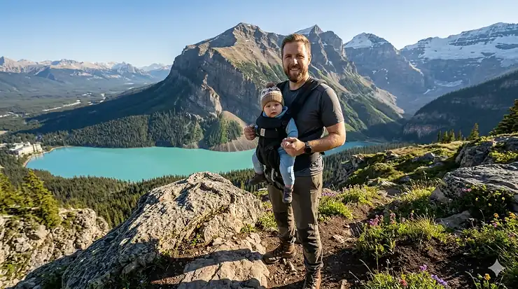 A Canadian father hiking with his infant in a supportive baby carrier for dad near a scenic mountain lake in Alberta.