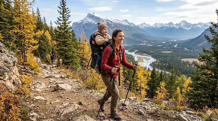 A parent using a premium baby carrier for hiking on a scenic trail in the Canadian Rockies during fall.