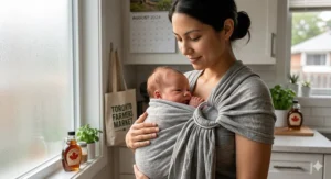 High-detail illustration of a newborn positioned safely in a best ring sling with ergonomic M-shape leg support, ideal for Canadian parents.
