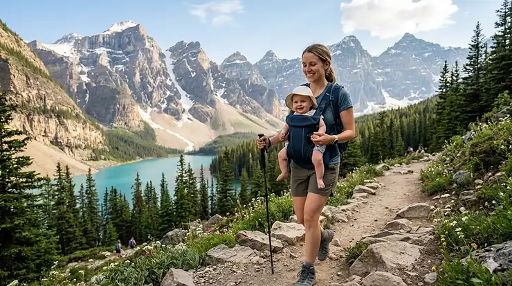 Parent wearing a breathable mesh summer baby carrier while hiking a mountain trail in Western Canada.