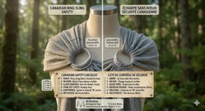 A comprehensive bilingual babywearing safety checklist in English and French for using the best ring sling safely in the Canadian market.