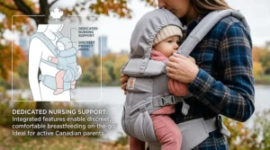 Illustration of a hip seat baby carrier being used as a supportive breastfeeding aid for nursing mothers on the go.