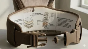 Illustration of breathable mesh fabric on a baby carrier, ideal for Canadian summers and providing firm back support.