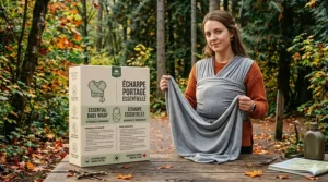 Product illustration of a cheap baby wrap with bilingual English and French Canadian labeling and safety instructions.