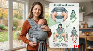 Diagram showing the healthy M-position for a newborn in a cheap stretchy baby wrap for Canadian parents.