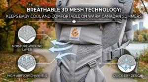 Illustration of a lightweight, foldable baby carrier under 100 dollars, perfect for TTC transit or air travel.