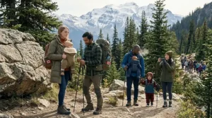 A parent hiking in the Canadian Rockies using the Ergobaby carrier back-carry position for toddlers.
