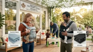 Comparison of breathable mesh fabrics in Ergobaby and BabyBjorn carriers for hot and humid Canadian summers.