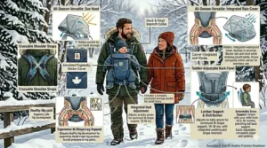 Detailed illustration of the Ergobaby Omni 360 integrated rain cover and winter-ready accessories for Canadian parents.