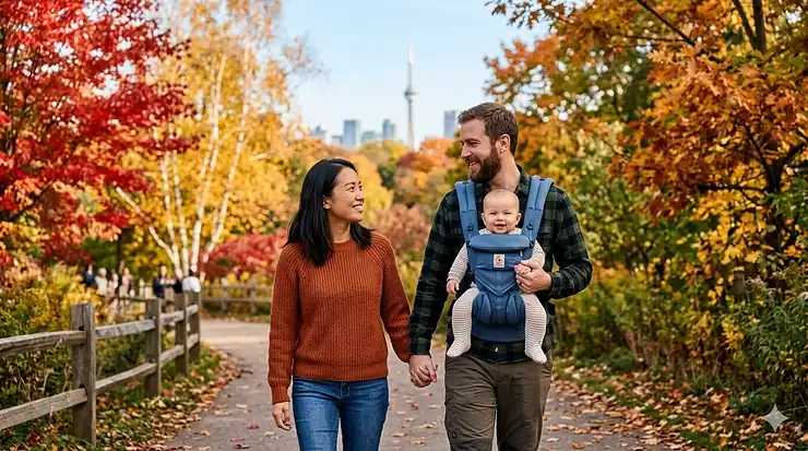 A mother and father using an Ergobaby Omni 360 carrier while walking through a scenic Canadian park during autumn.