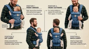 Diagram showing the four ergonomic carry positions of the Ergobaby Omni 360 for infants to toddlers.