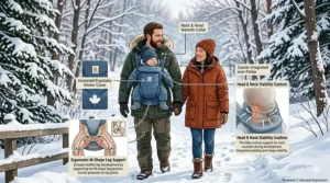 Illustration of a newborn in an Ergobaby Omni 360 showing the ergonomic M-shape hip position and head support.